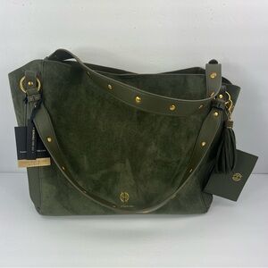 HOUSE OF HARLOW 1960 LUX TOTE, FAUX SUEDE OLIVE GREEN COLOR WITH A BACK POCKET